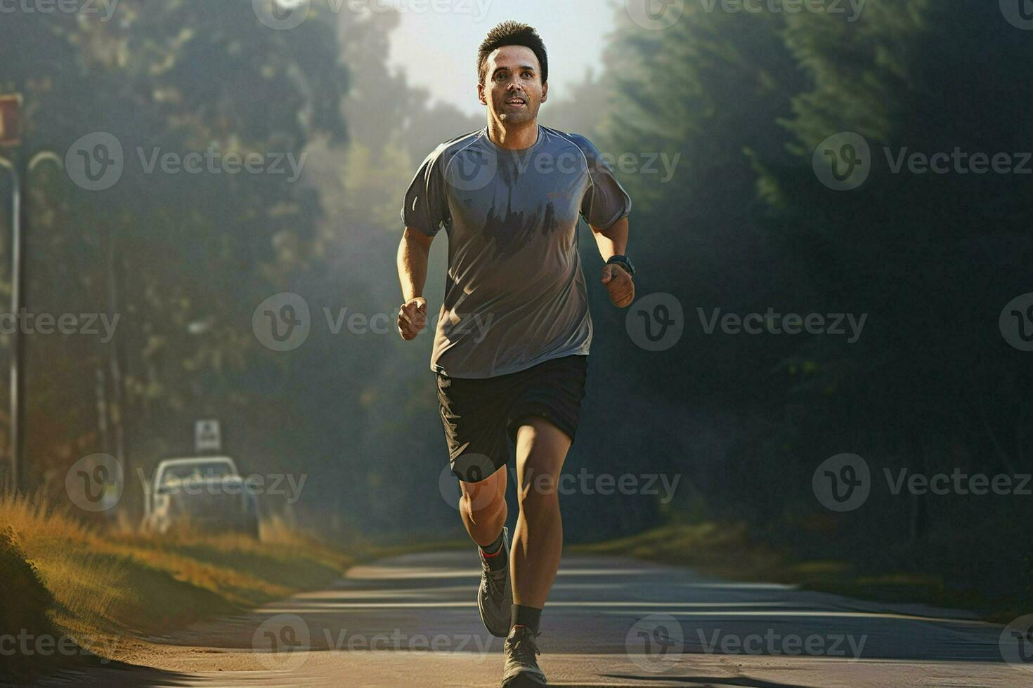 Running man jogging on city street at sunrise. Sport fitness model caucasian ethnicity training outdoor. ai generated pro photo