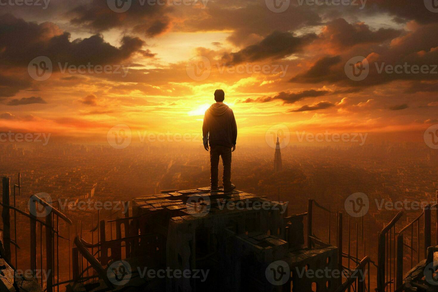 Man standing on top of the mountain and looking at the city. ai generated pro photo