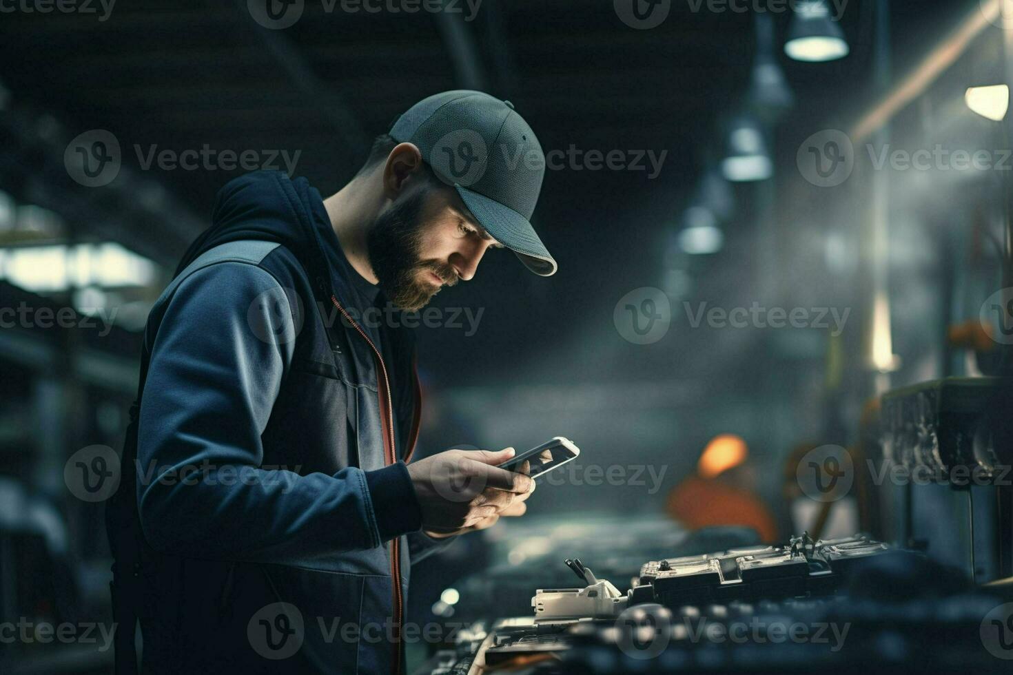 técnico trabajando con móvil teléfono a noche en el fábrica. tecnología concepto. ai generado Pro foto