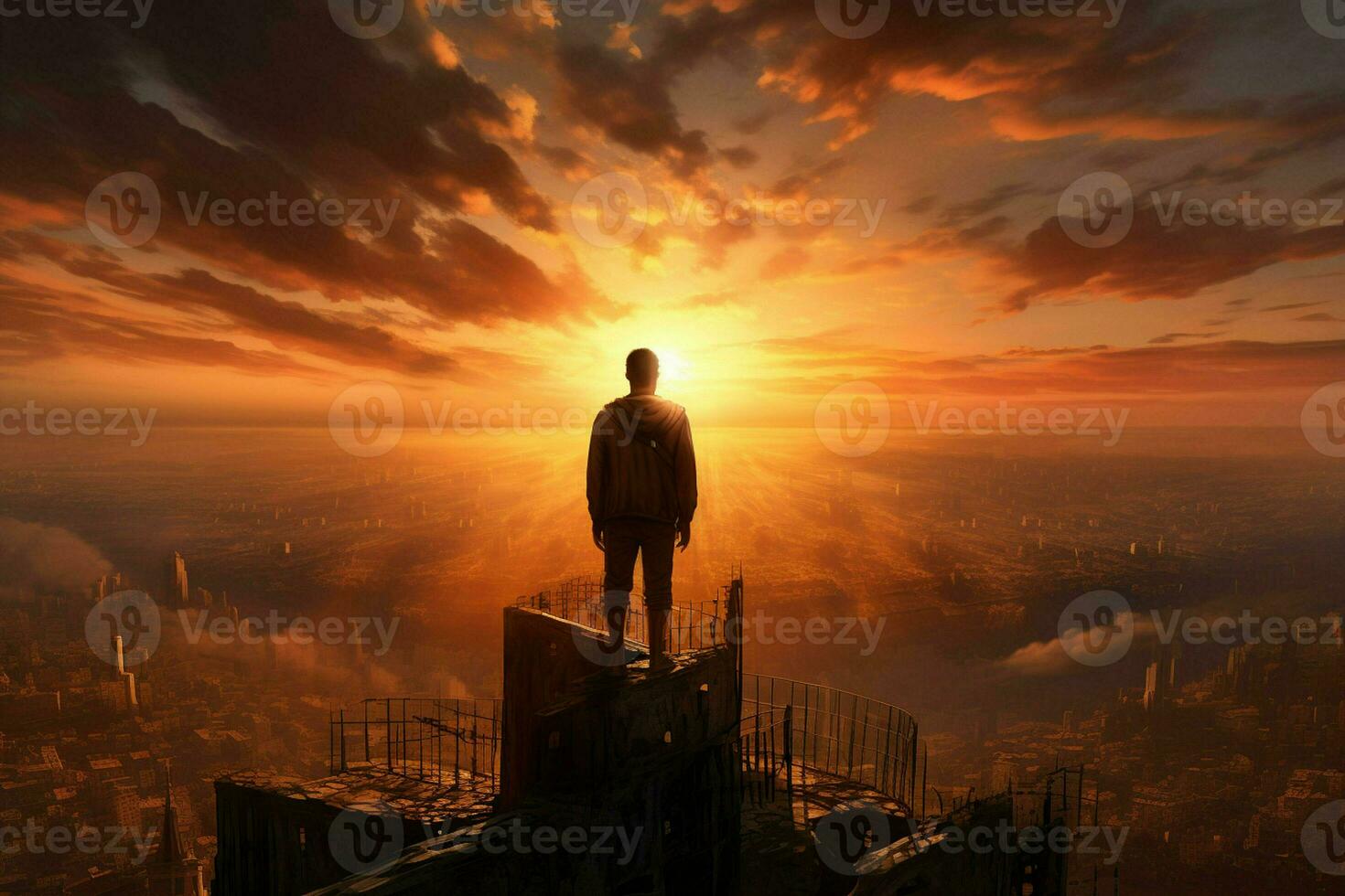 Man standing on top of the mountain and looking at the city. ai generated pro photo