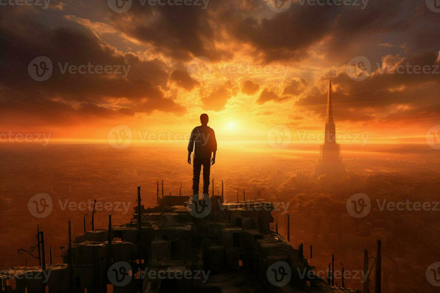 Man standing on top of the mountain and looking at the city. ai generated pro photo