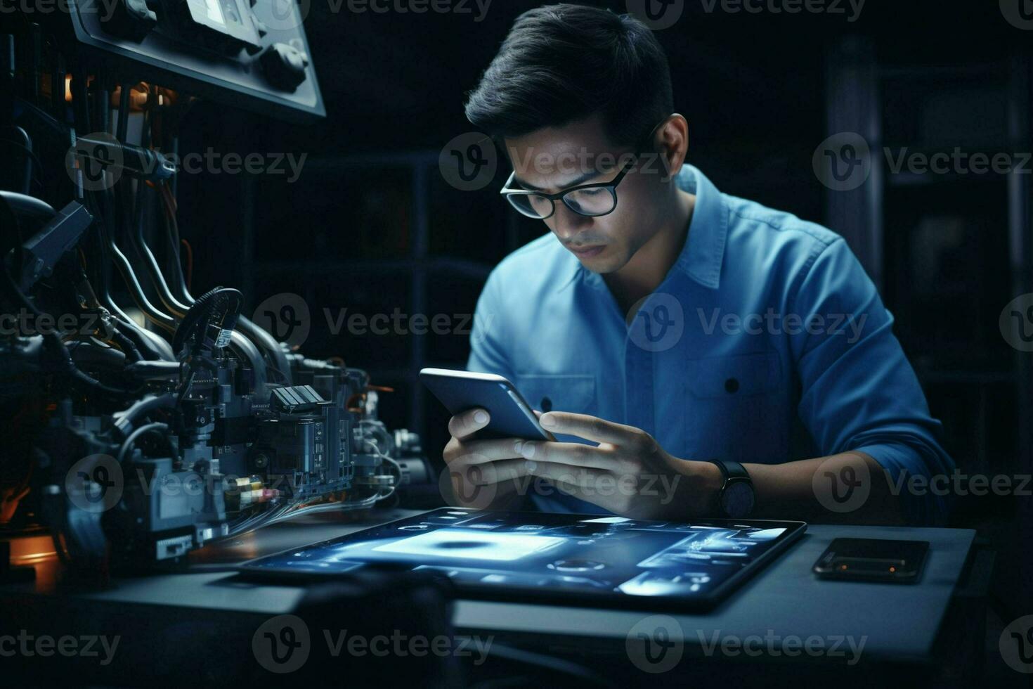 técnico trabajando con móvil teléfono a noche en el fábrica. tecnología concepto. ai generado Pro foto