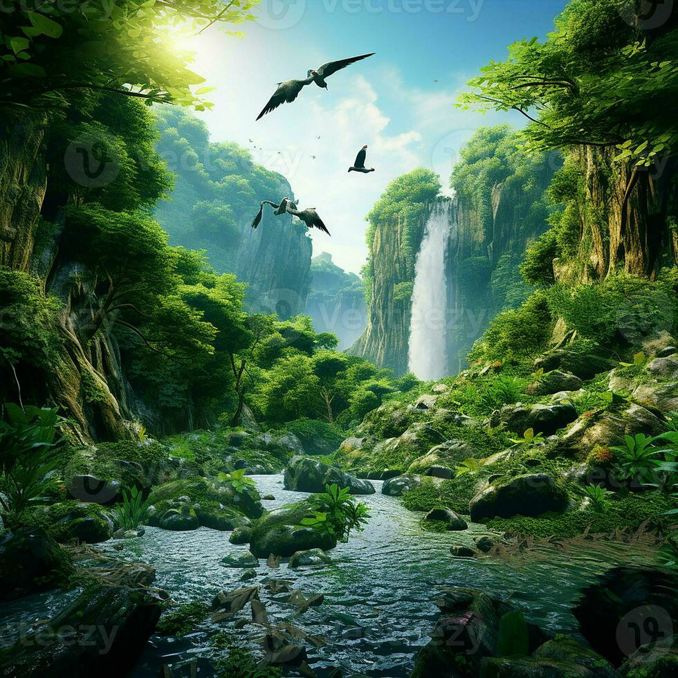 Fantasy landscape with a waterfall and a bird flying in the sky. ai generated photo