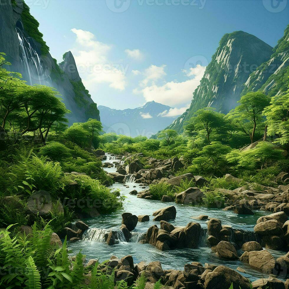 Fantasy landscape with a waterfall and a bird flying in the sky. ai generated photo