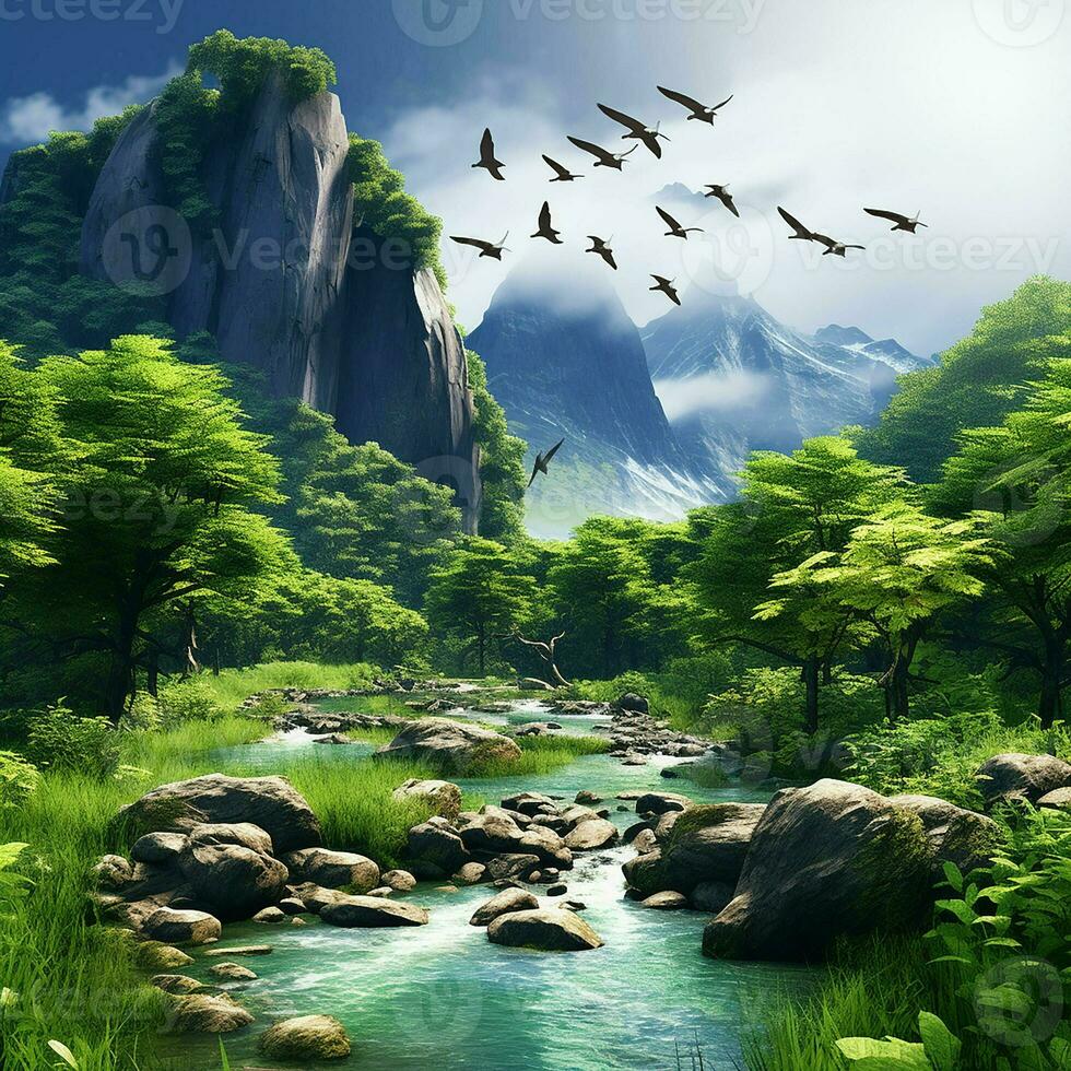 Fantasy landscape with a waterfall and a bird flying in the sky. ai generated photo