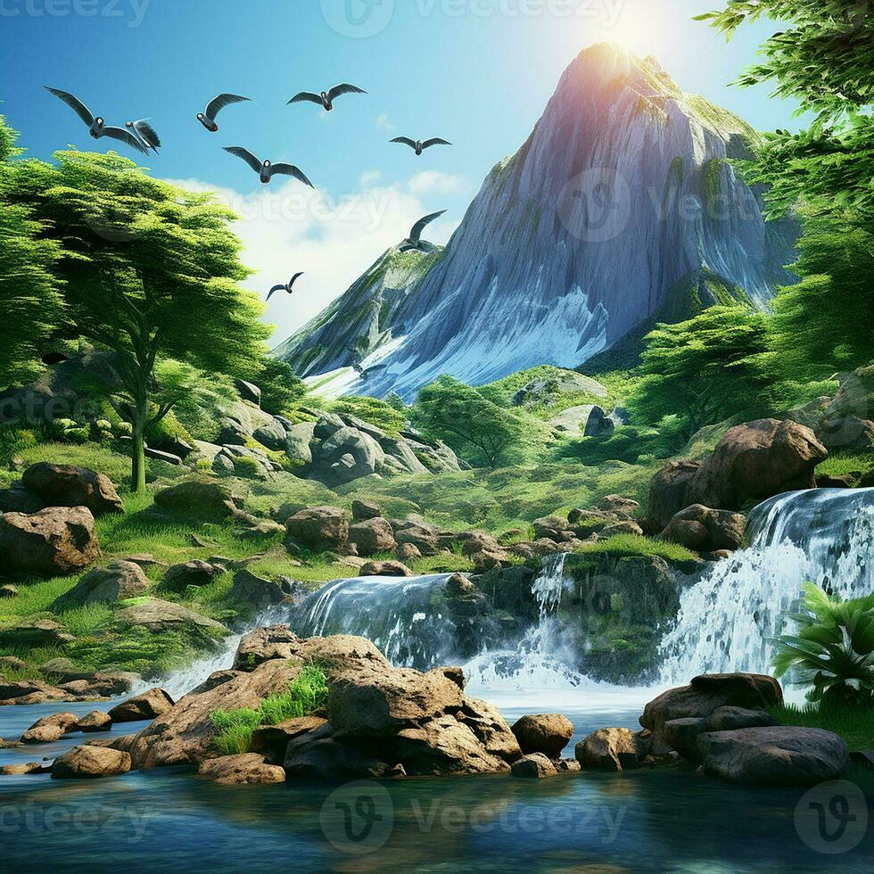 Fantasy landscape with a waterfall and a bird flying in the sky. ai generated photo