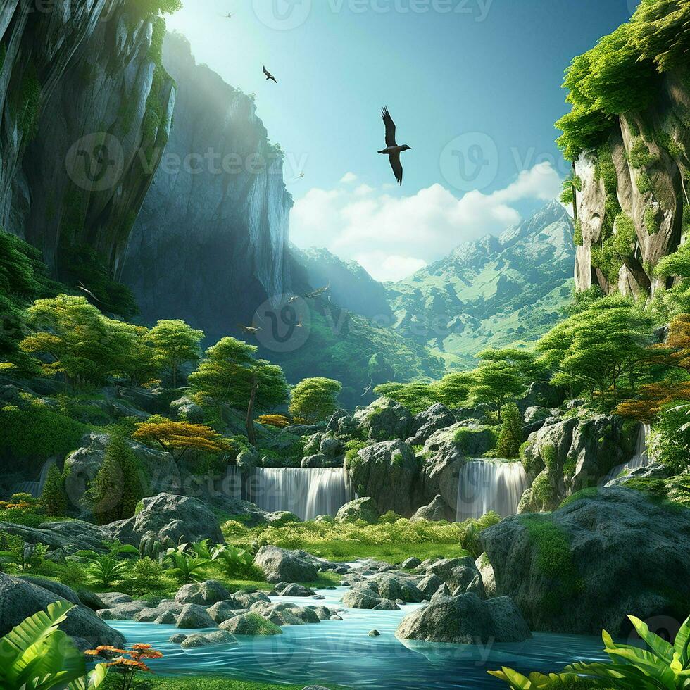 Fantasy landscape with a waterfall and a bird flying in the sky. ai generated photo