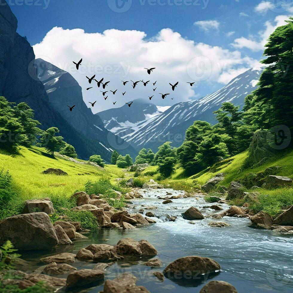 Fantasy landscape with a waterfall and a bird flying in the sky. ai generated photo