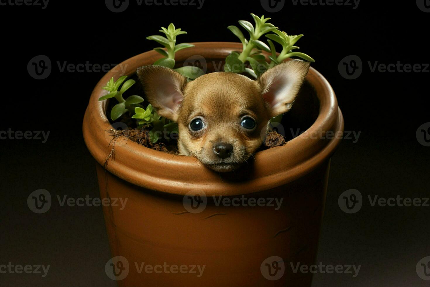 linda perrito en un arcilla maceta con lechuga en un negro antecedentes. ai generado Pro foto