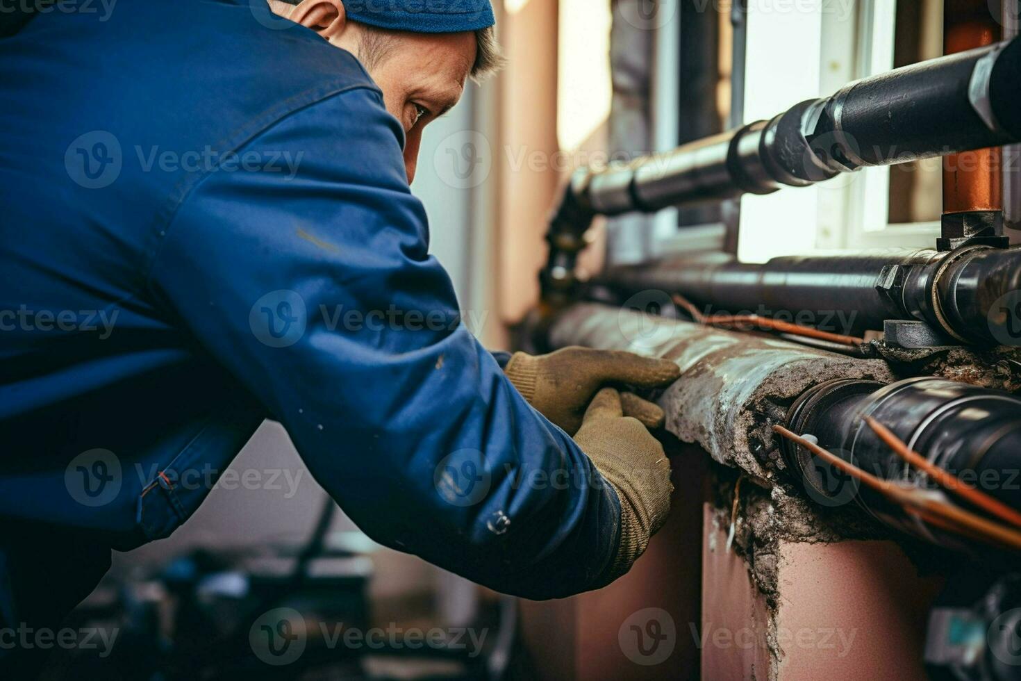 Close-up of a plumber repairing pipes in a building. ai generated pro photo