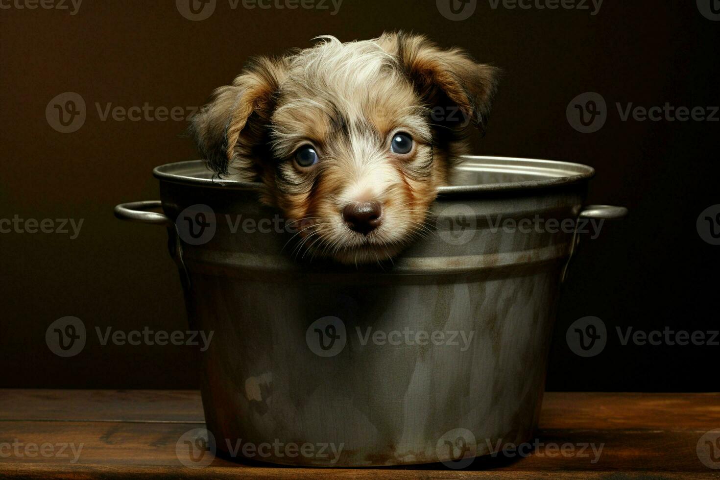 Cute puppy in a clay pot with lettuce on a black background. ai generated pro photo