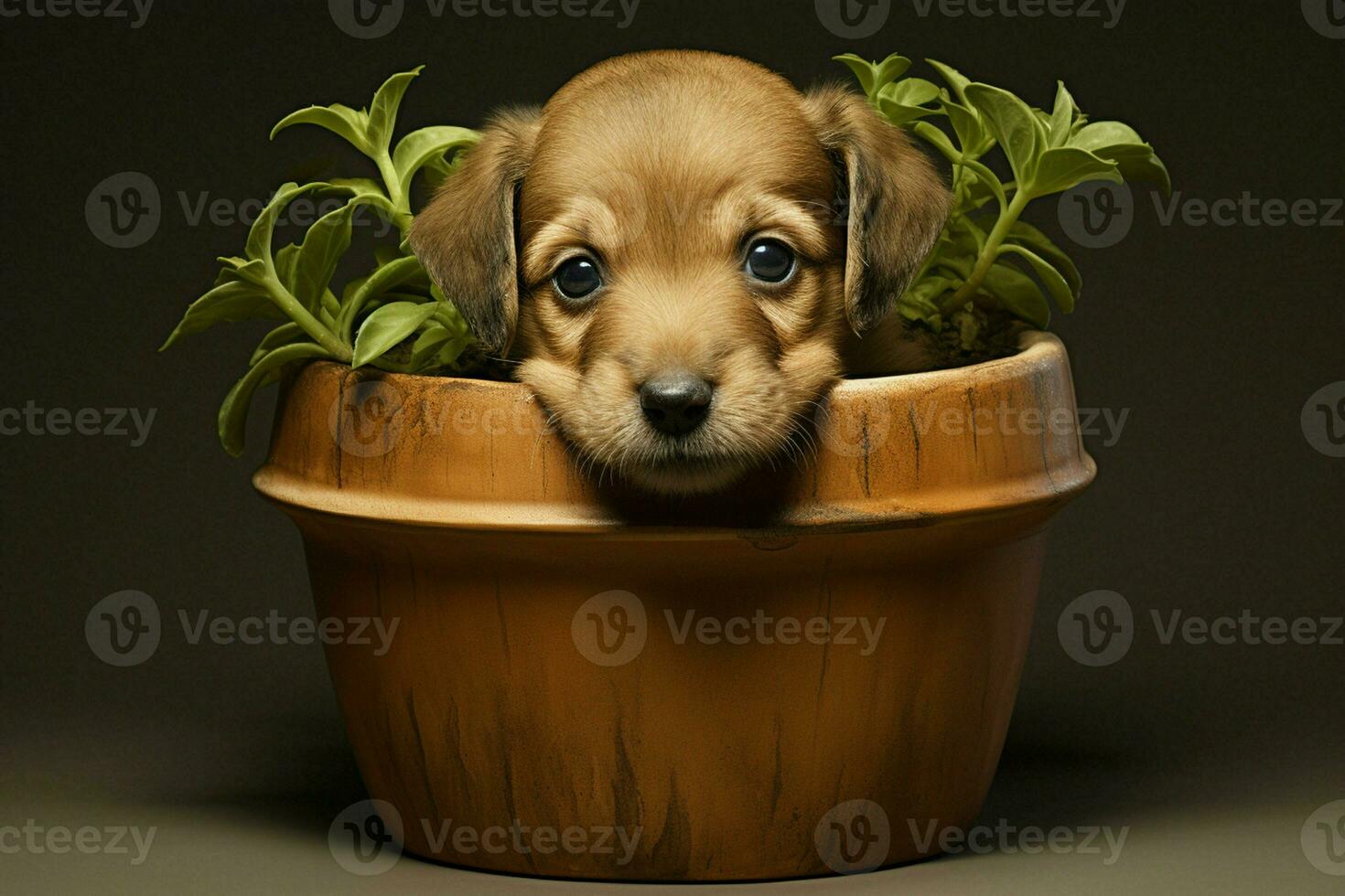 Cute puppy in a clay pot with lettuce on a black background. ai generated pro photo