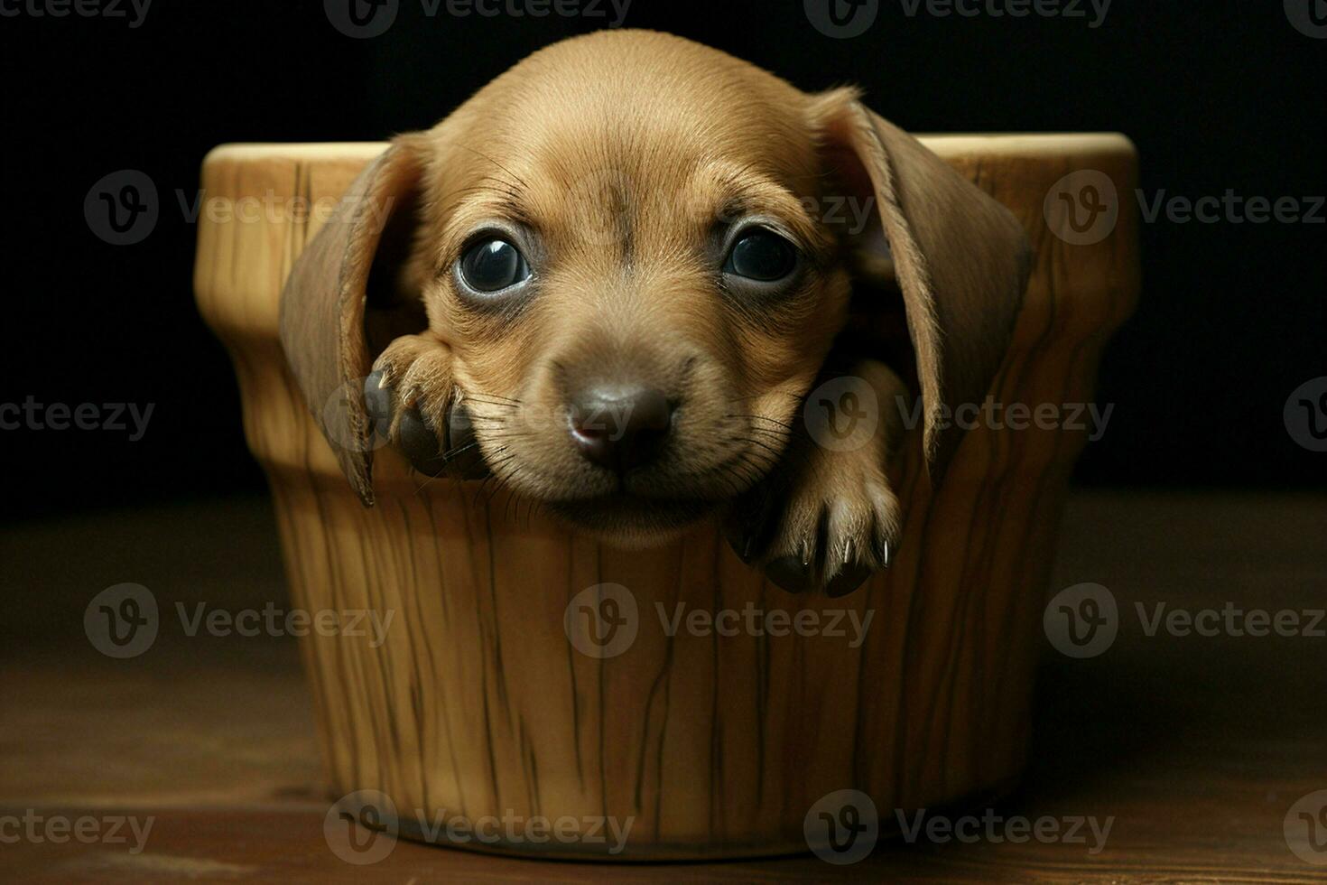 Cute puppy in a clay pot with lettuce on a black background. ai generated pro photo