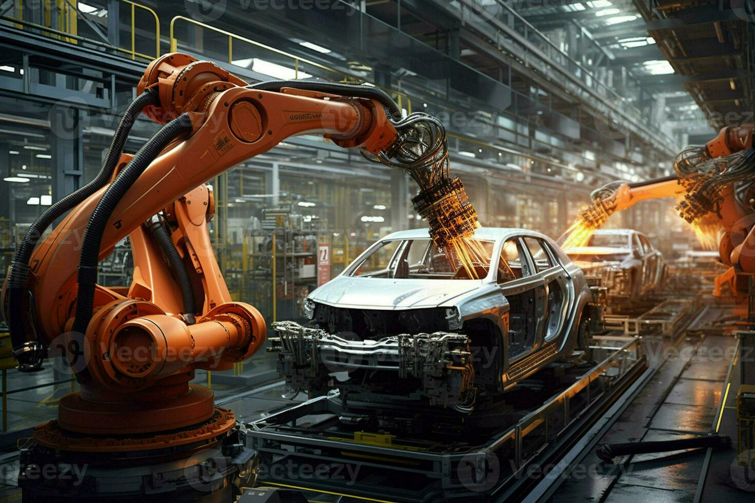Automotive assembly line. Assembly line of automobile factory. Electric