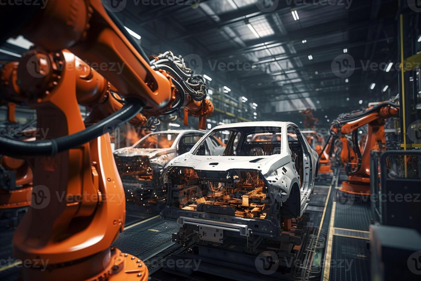 Automotive assembly line. Assembly line of automobile factory. Electric car production line. ai generated pro photo