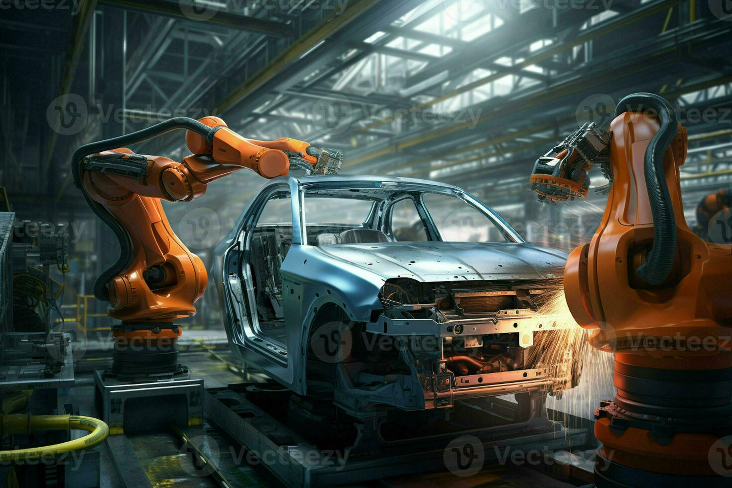 Automotive assembly line. Assembly line of automobile factory. Electric car production line. ai generated pro photo