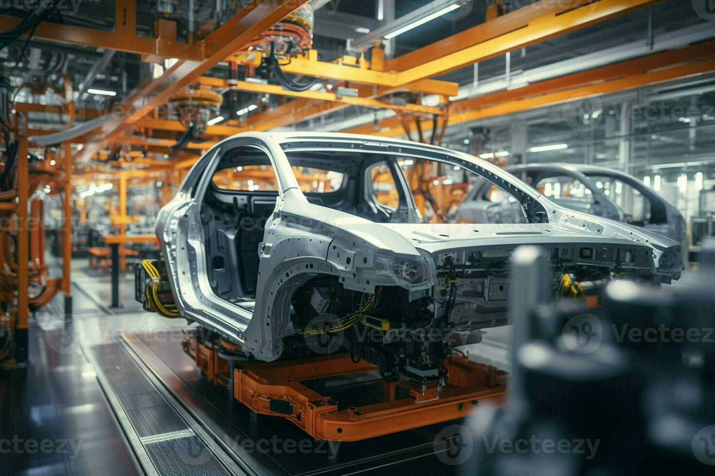 Automotive assembly line. Assembly line of automobile factory. Electric car production line. ai generated pro photo