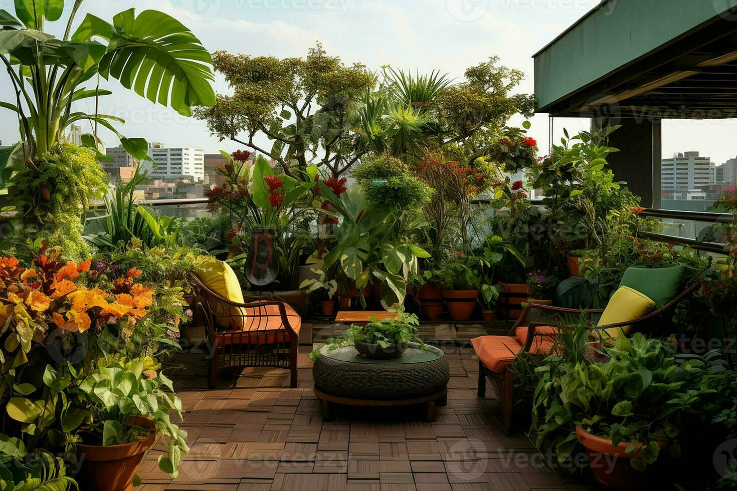 garden with furniture and flowers in the city of Bangkok. ai generated pro photo