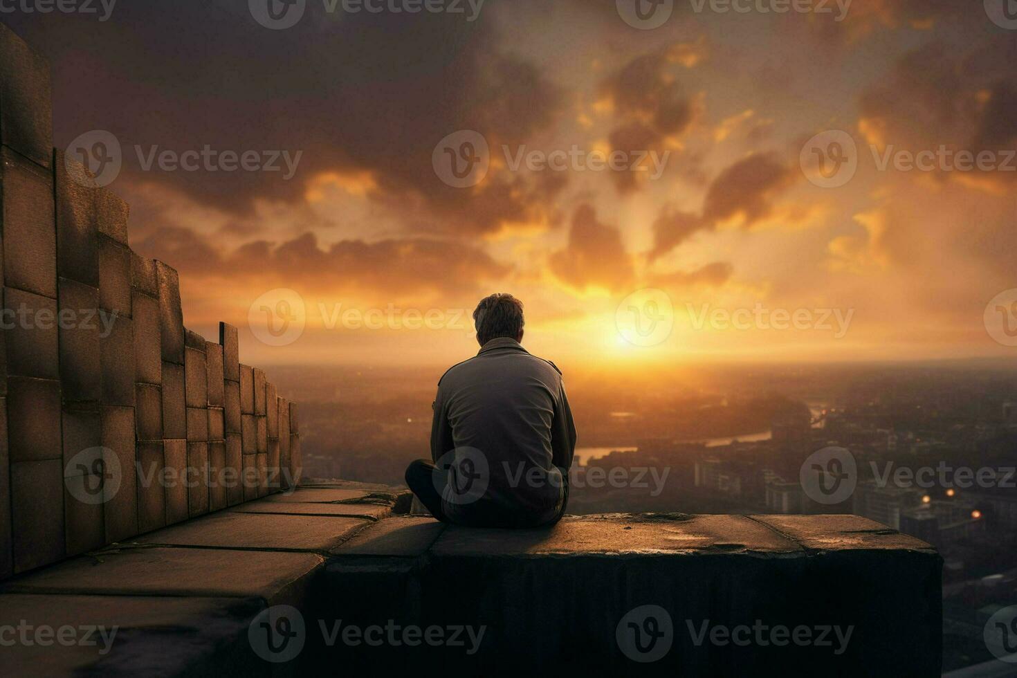 Man sitting on the edge of a wooden table looking at the sunset. ai generated pro photo