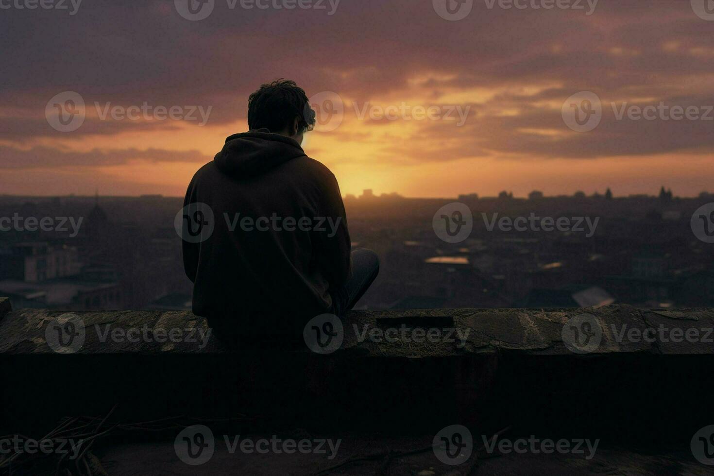 Man sitting on the edge of a wooden table looking at the sunset. ai generated pro photo