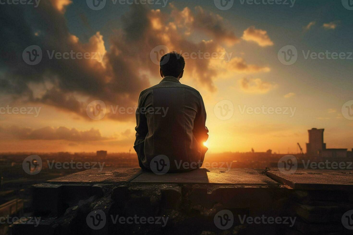 Man sitting on the edge of a wooden table looking at the sunset. ai generated pro photo
