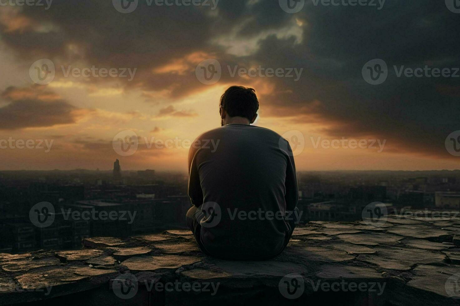 Man sitting on the edge of a wooden table looking at the sunset. ai generated pro photo