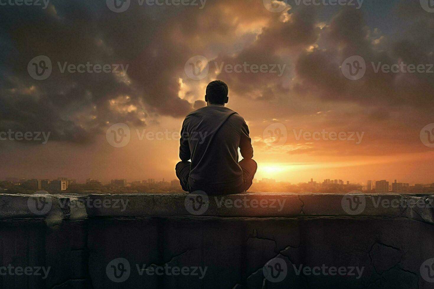 Man sitting on the edge of a wooden table looking at the sunset. ai generated pro photo