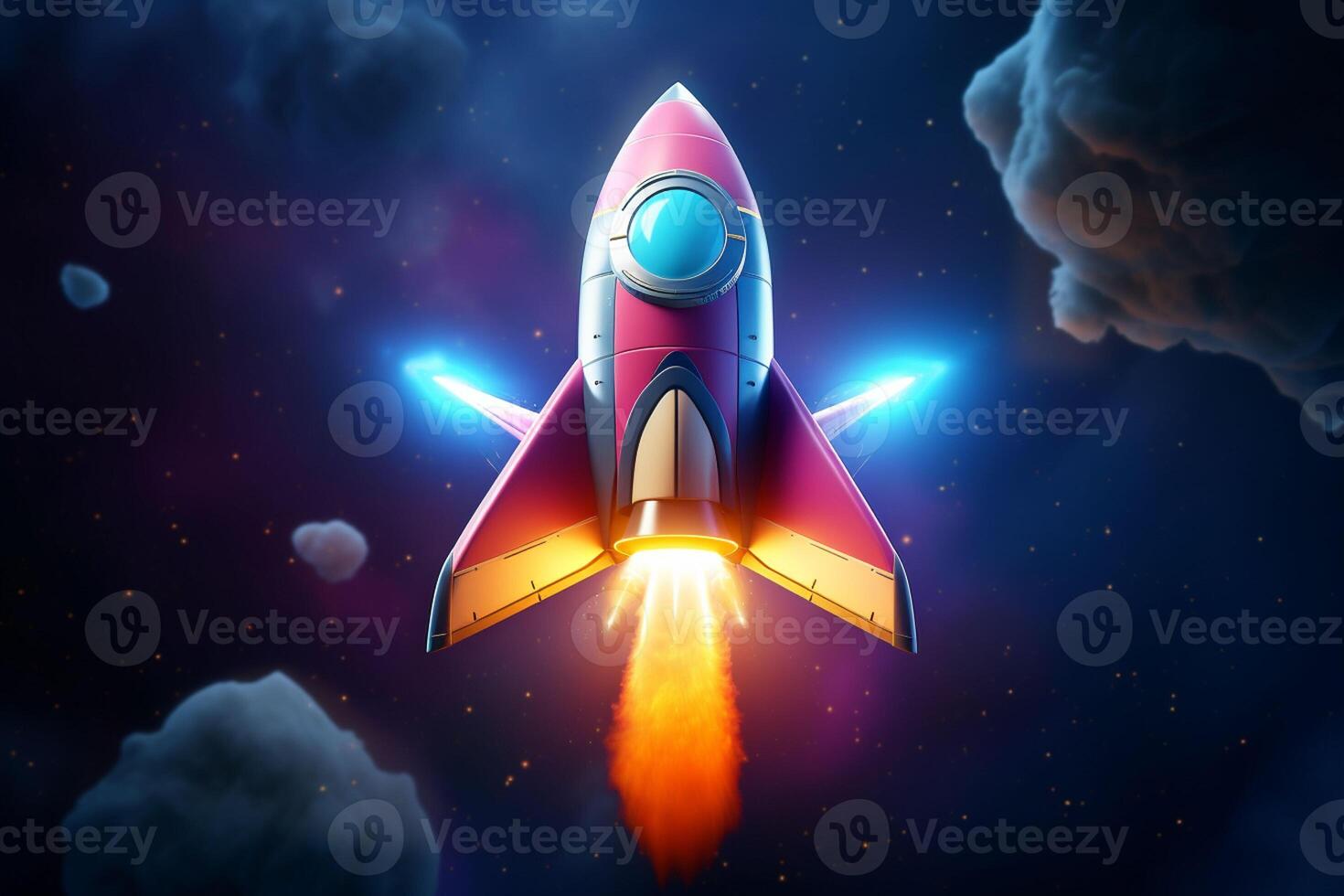 Rocket flying in the blue sky. Vector illustration. Space concept. ai generated pro photo