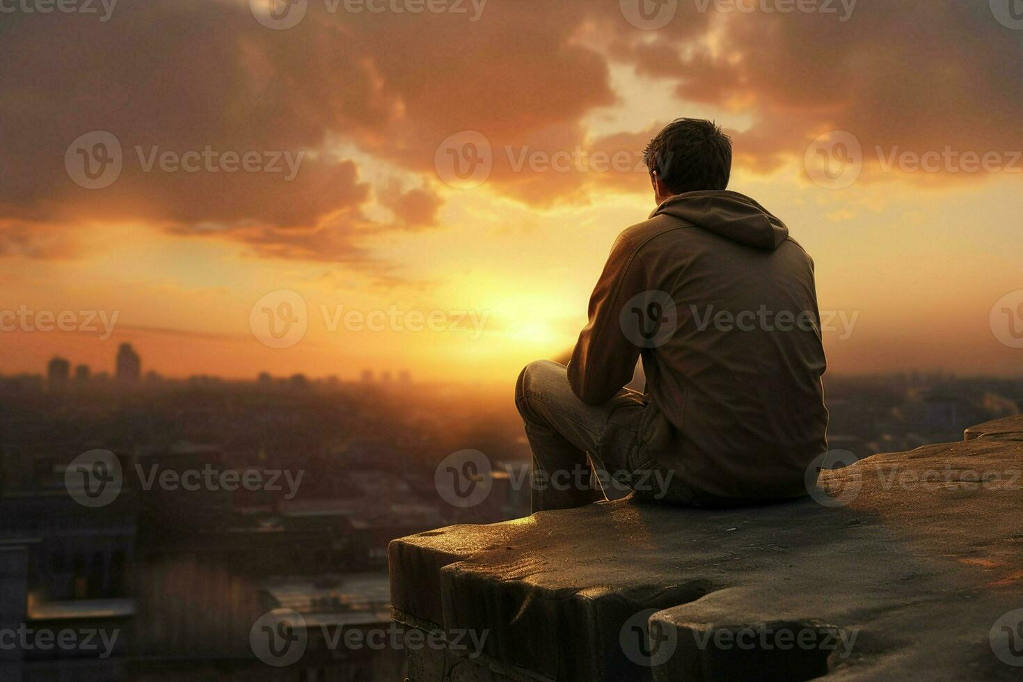 Man sitting on the edge of a wooden table looking at the sunset. ai generated pro photo