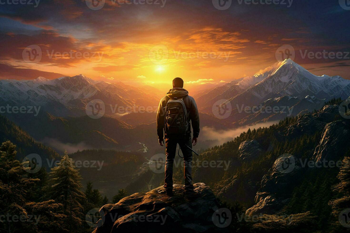 hombre con mochila en pie en el parte superior de un montaña y mirando a el puesta de sol. ai generado Pro foto