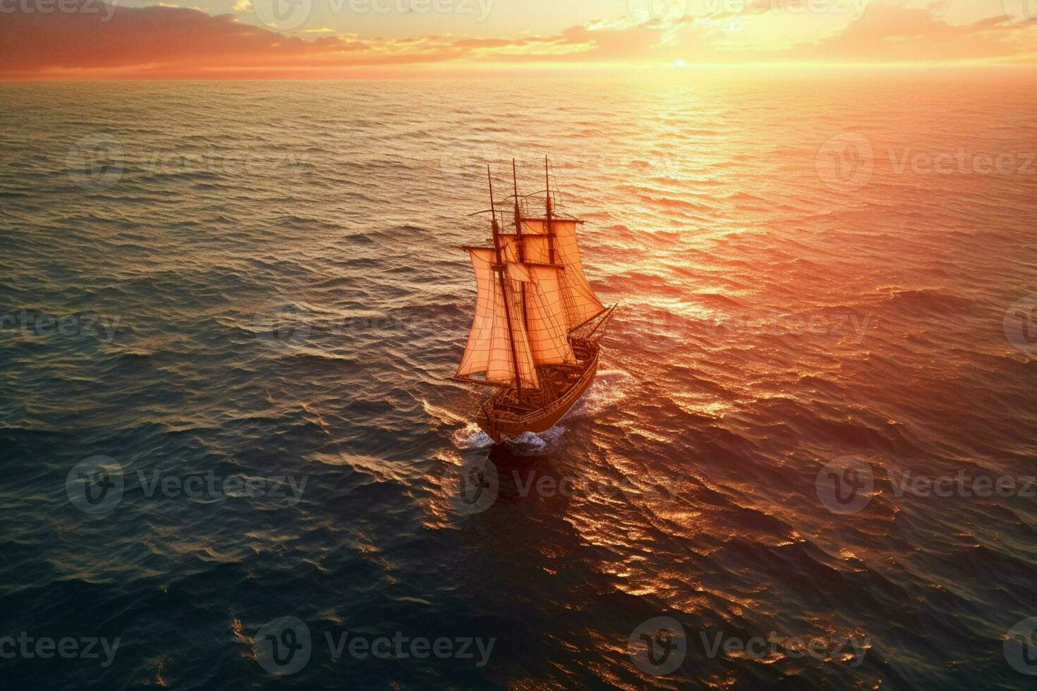 Aerial view of a sailboat in the sea at sunset. ai generated pro photo