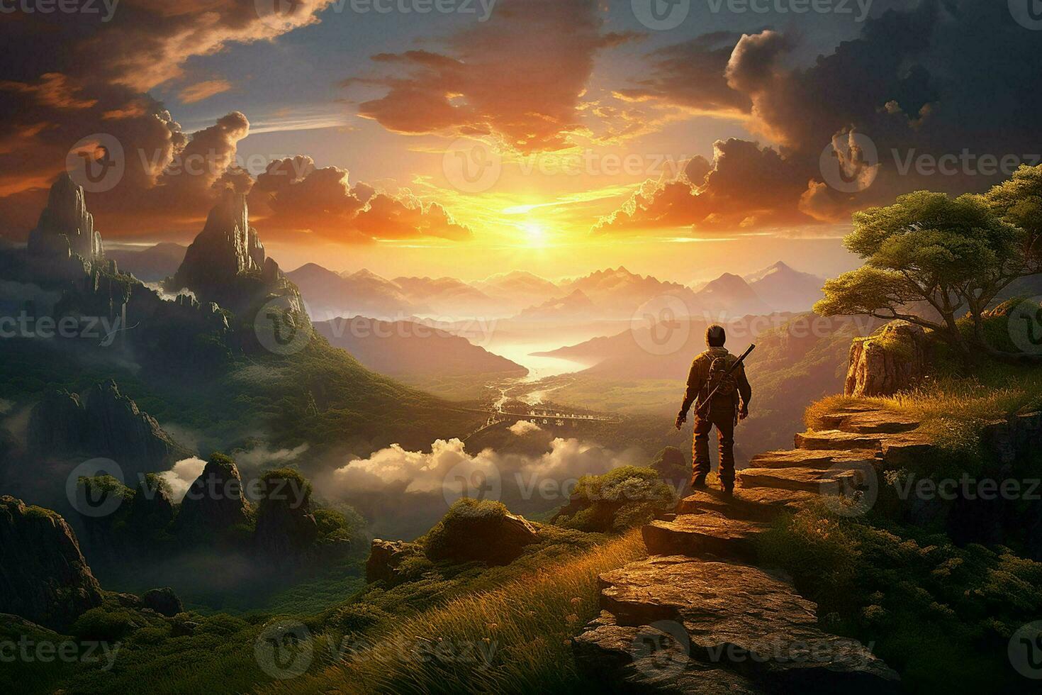hombre con mochila en pie en el parte superior de un montaña y mirando a el puesta de sol. ai generado Pro foto