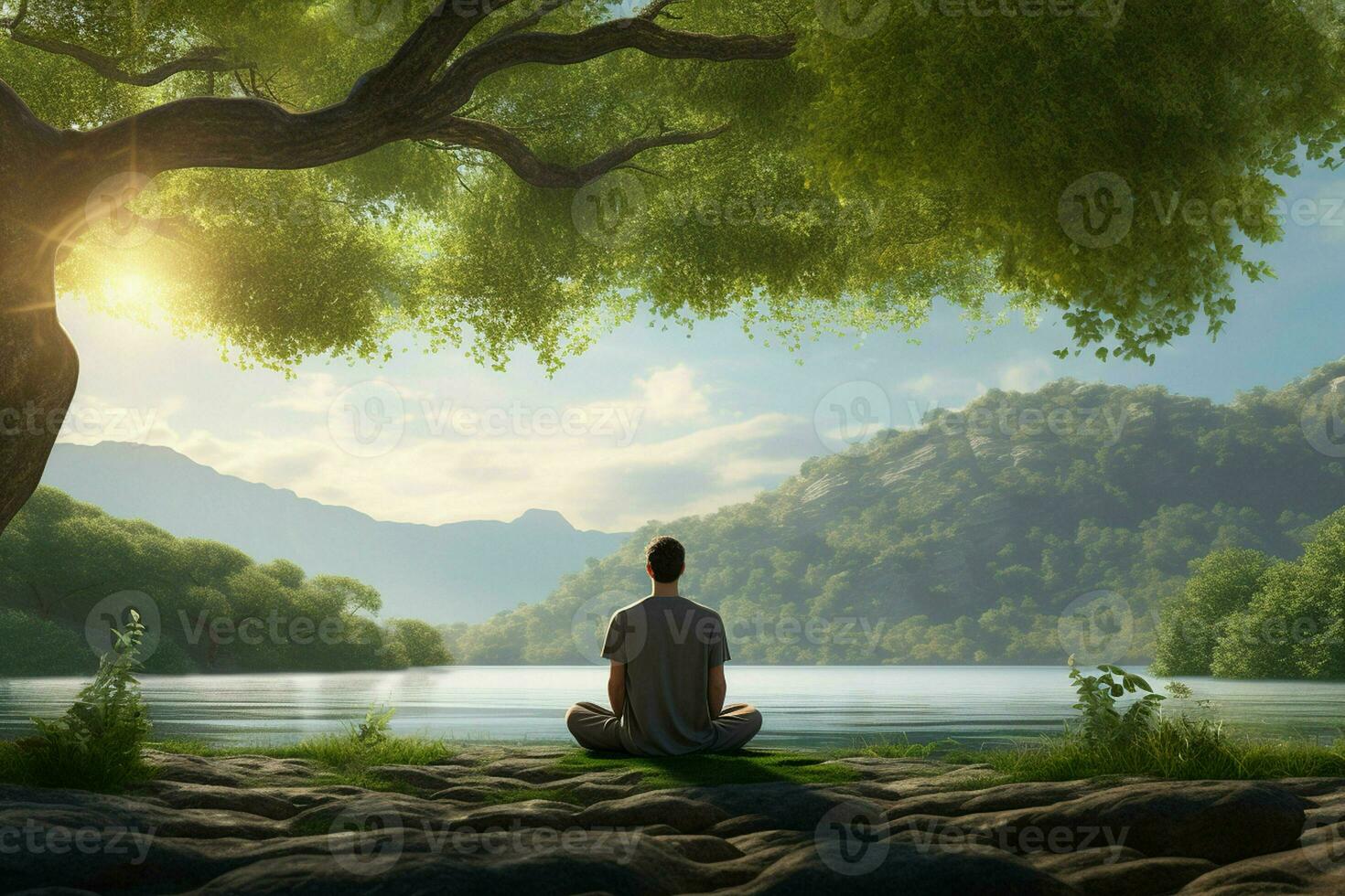 Woman practicing yoga in the forest at sunrise. Healthy lifestyle concept. ai generated pro photo