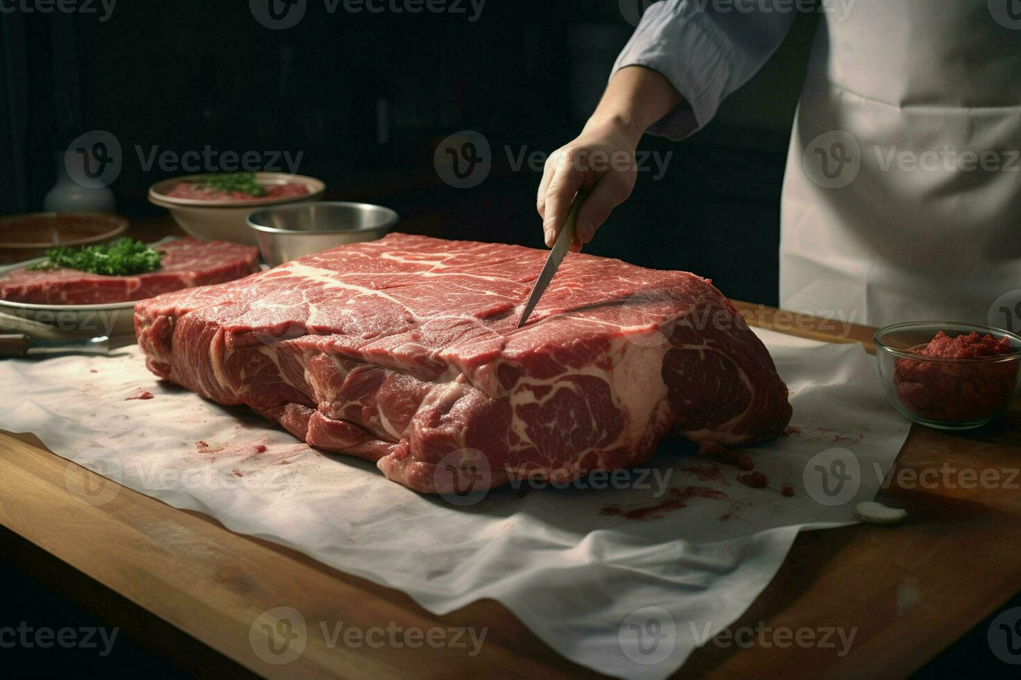 Raw fresh beef steak cut into pieces on a wooden cutting board. ai generated pro photo