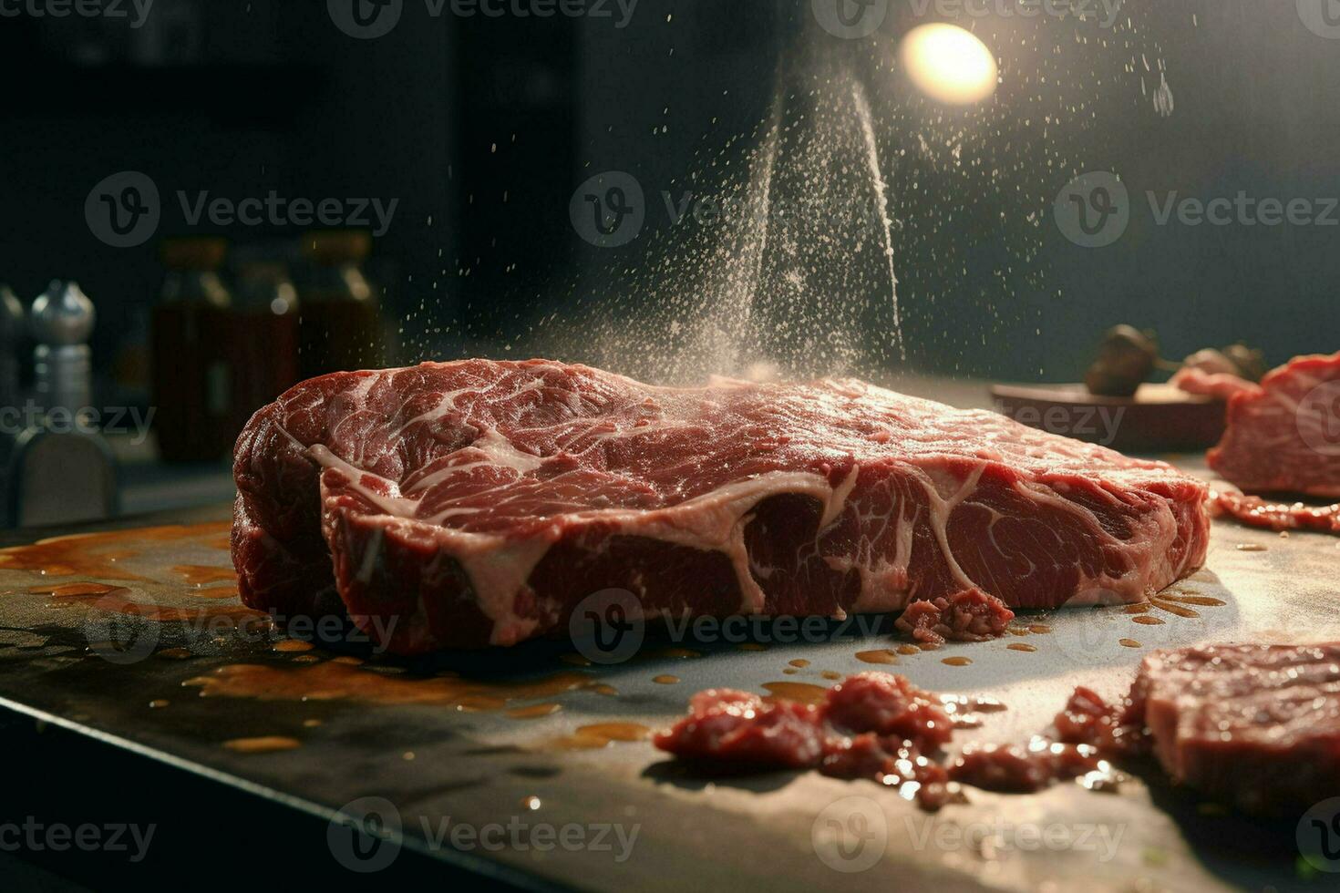 Raw fresh beef steak cut into pieces on a wooden cutting board. ai generated pro photo