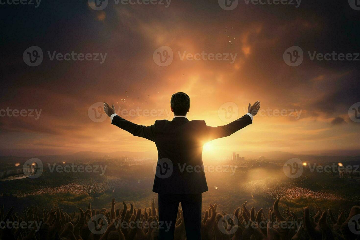 Businessman standing on top of a mountain with fireworks exploding in the background. ai generated pro photo