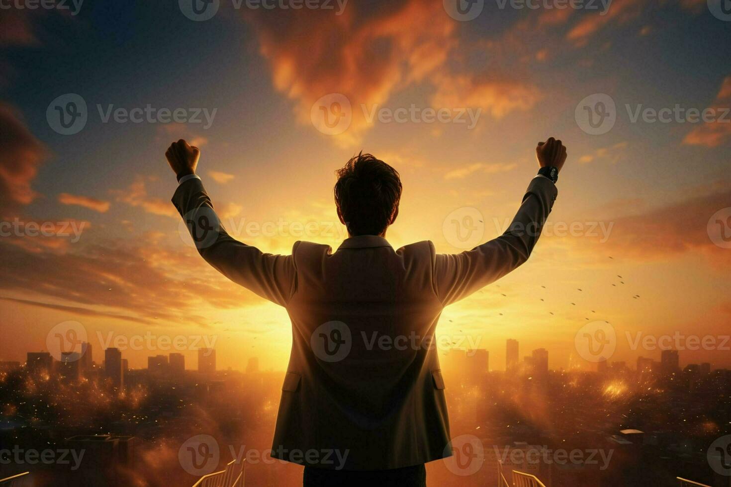 Businessman standing on top of a mountain with fireworks exploding in the background. ai generated pro photo