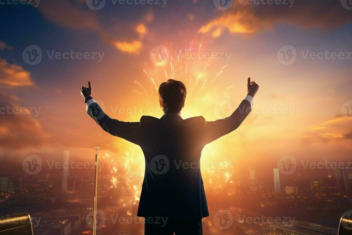 Businessman standing on top of a mountain with fireworks exploding in the background. ai generated pro photo