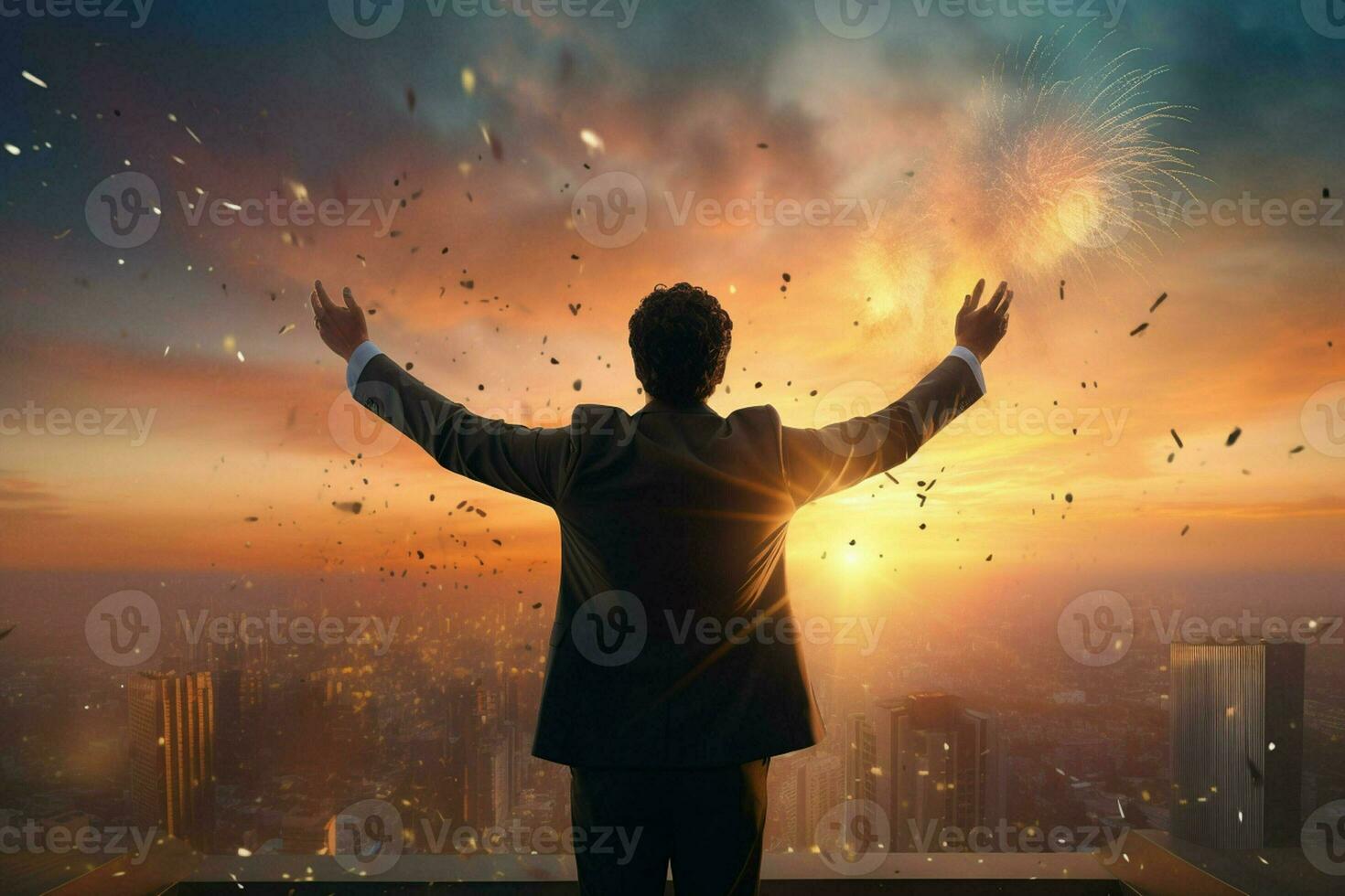 Businessman standing on top of a mountain with fireworks exploding in the background. ai generated pro photo