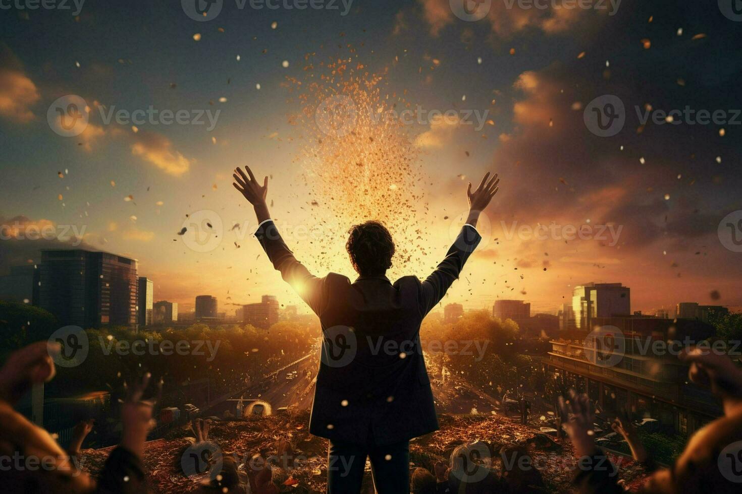 Businessman standing on top of a mountain with fireworks exploding in the background. ai generated pro photo
