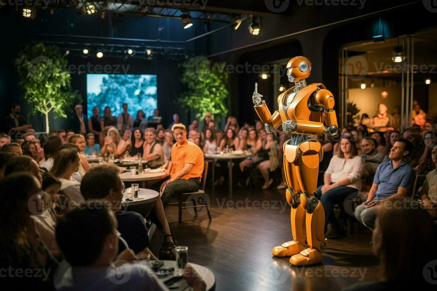 3d rendering of a robot standing in front of a group of people. ai generated pro photo