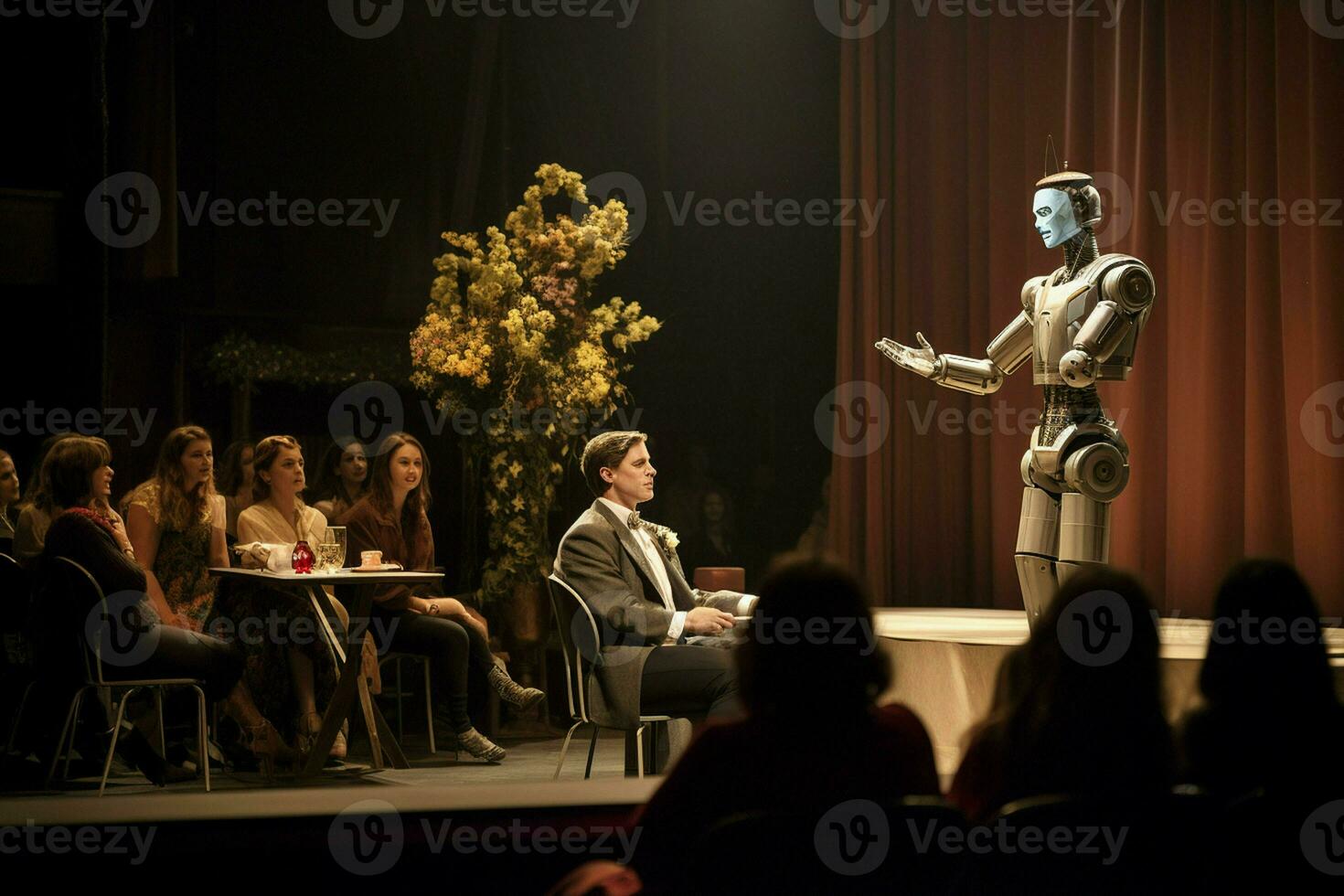 3d rendering of a robot standing in front of a group of people. ai generated pro photo