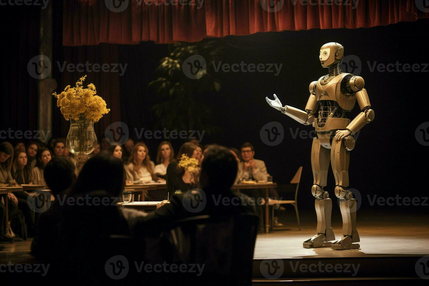 3d rendering of a robot standing in front of a group of people. ai generated pro photo