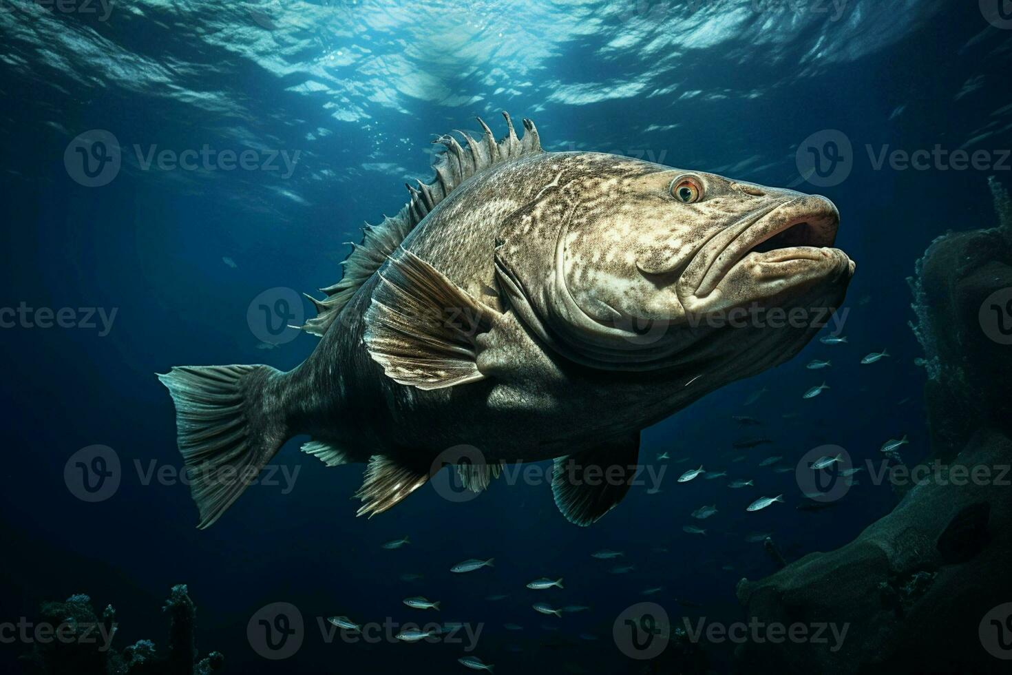 Grouper in the deep blue sea. Underwater world. ai generated pro photo