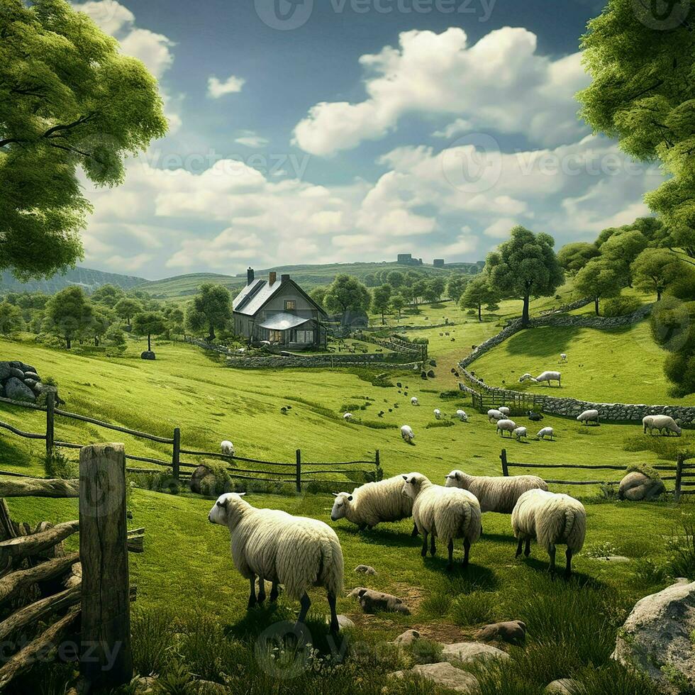 Flock of sheep grazing in the meadow in the village. ai generated pro photo