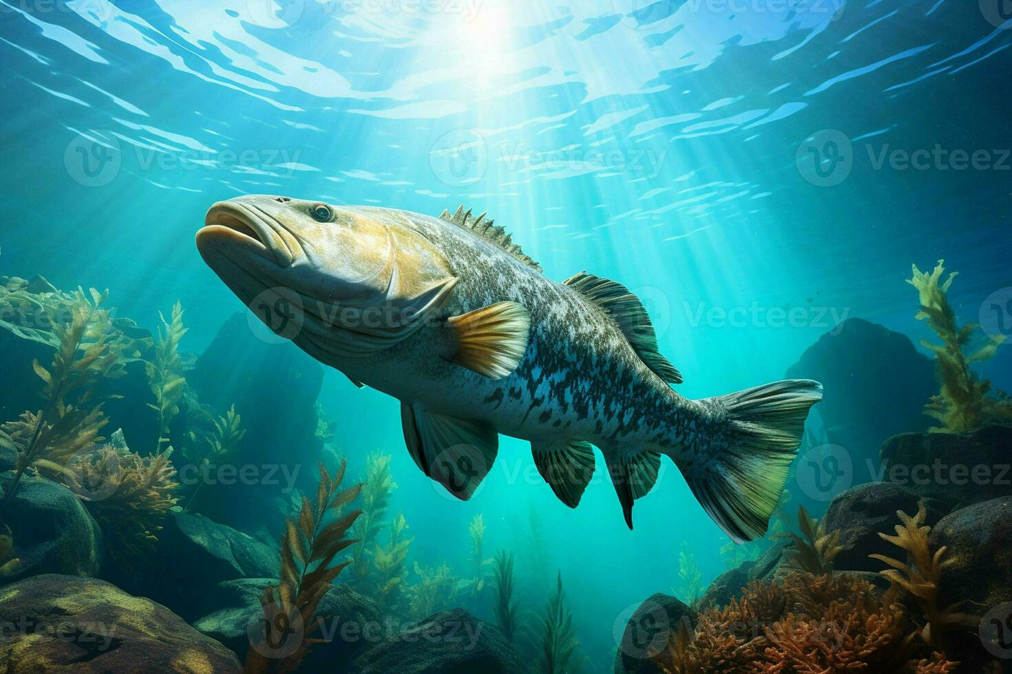 Grouper in the deep blue sea. Underwater world. ai generated pro photo