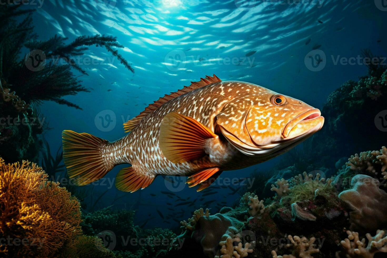 Grouper on a coral reef. Underwater world. 3d illustration. ai generated pro photo