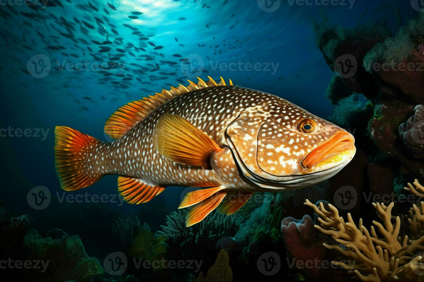 Grouper on a coral reef. Underwater world. 3d illustration. ai generated pro photo