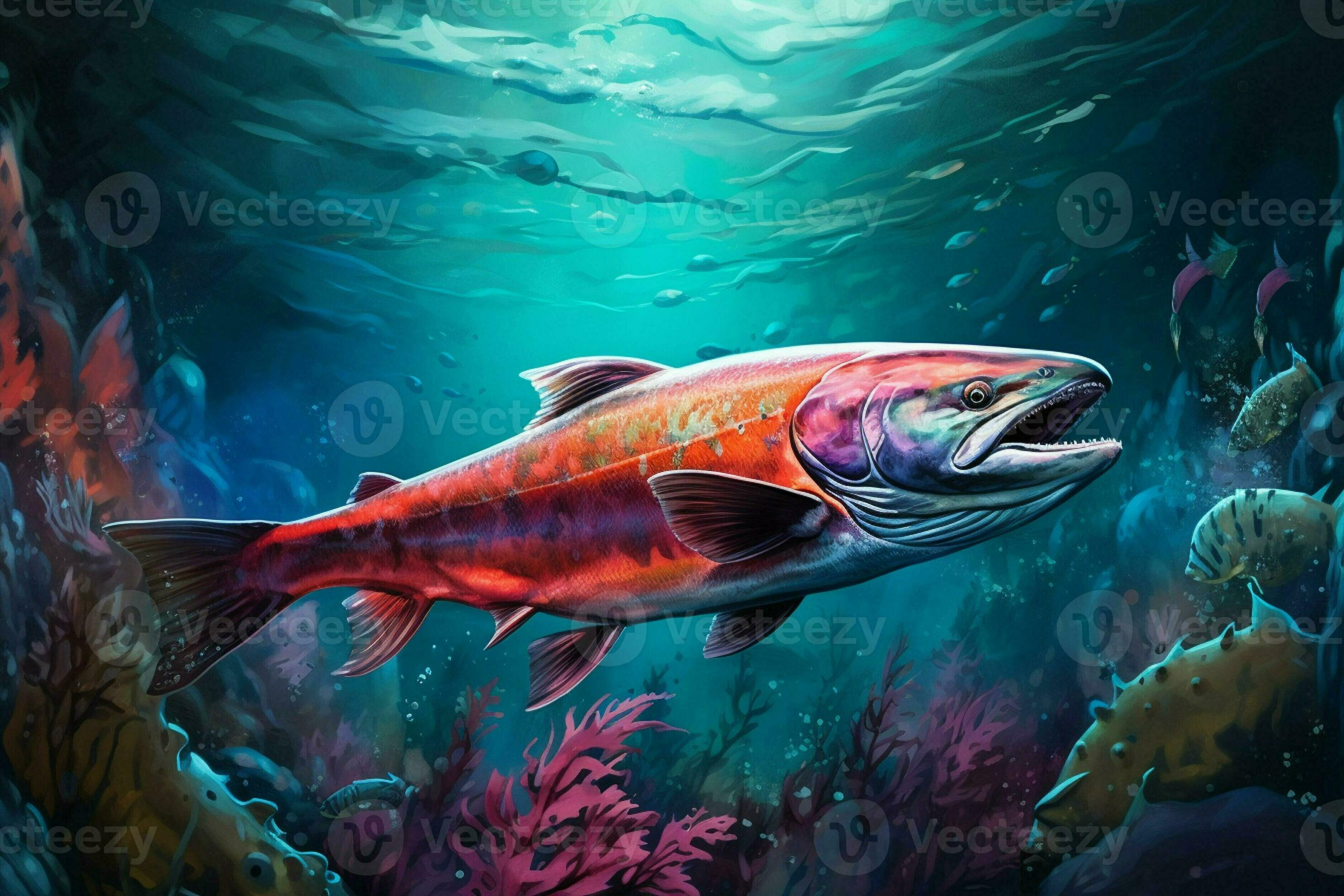 Colorful underwater scene with rainbow trout fish. 3D illustration