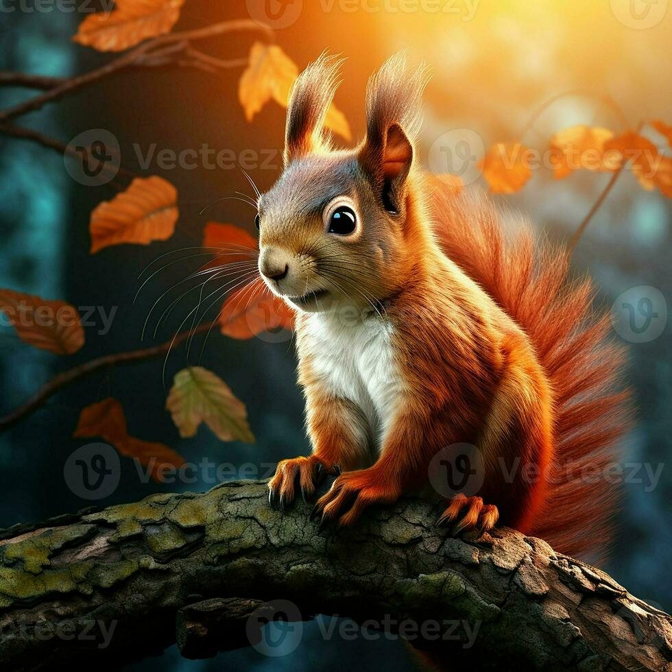 Red squirrel sits on a tree branch in the autumn forest and eats nuts. ai generated pro photo